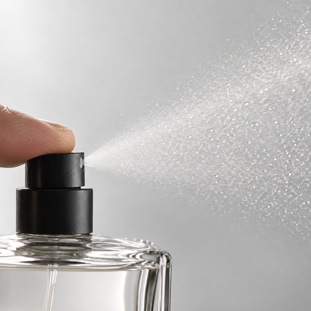 A close-up of fine fragrance mist leaving an unbranded perfume atomizer.