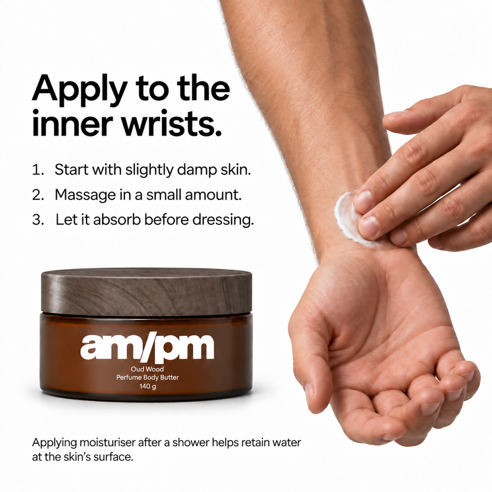 Apply to the inner wrists. Start with slightly damp skin, massage in a small amount and let it absorb before dressing. Applying moisturiser after a shower helps retain water at the skin's surface.