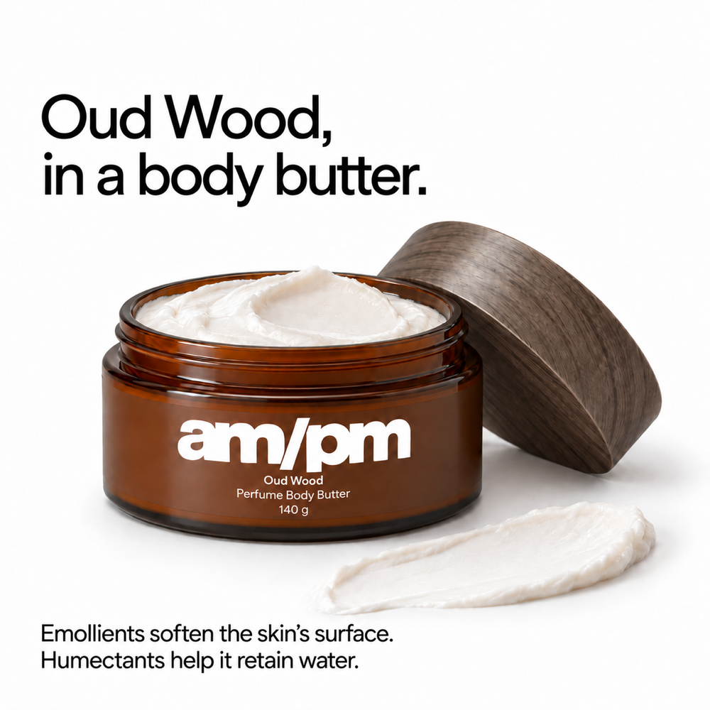 Oud Wood, in a body butter. Emollients soften the skin's surface. Humectants help it retain water. Open jar with rich white cream.